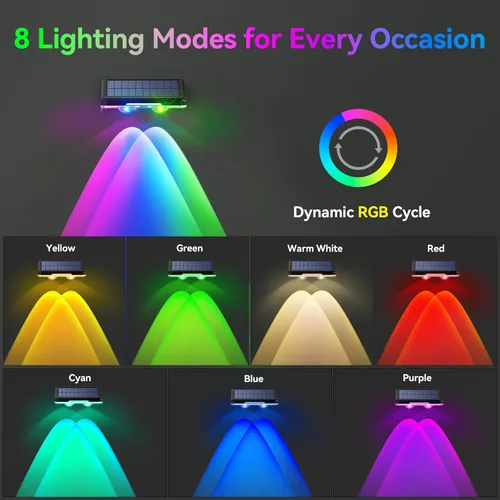 Miniatura 2 de TECKNET - Luces solares para valla al aire libre, paquete de 8 unidades, blanco cálido y 6 colores y RGB, luz LED impermeable IP66 para cubierta