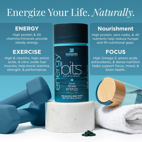 Miniatura 2 de ENERGYBITS - Tabletas orgánicas de espirulina - Superalimento de algas a base de plantas - para concentración, fitness, energía - Proteína vegetal