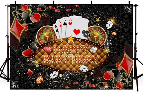 Miniatura 4 de AIBIIN Telón de fondo de feliz cumpleaños de 7 x 5 pies, decoración de fiesta de cumpleaños de Las Vegas, dados de Las Vegas, cartel de fiesta