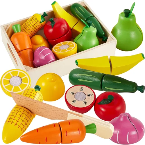 HERSITY Juego de alimentos de madera para cortar frutas y verduras, juguetes para niños pequeños de 1 a 3 años, accesorios de cocina de simulación,
