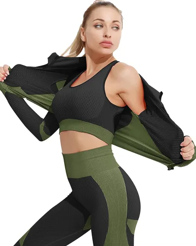 Miniatura 2 de Conjunto deportivo de 3 piezas para mujer, sin costuras, de manga corta, brasier deportivo, cintura alta, pantalones cortos de yoga, verde - 01