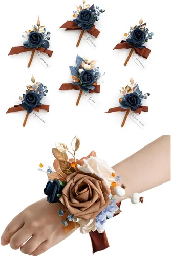 Miniatura 12 de Ling's Moment Paquetes de flores de boda prearreglados en azul polvoriento y azul marino, paquete de boutonnieres y ramilletes de muñeca