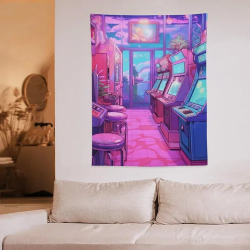 Miniatura 6 de josnmre Tapiz grande de anime de los años 80 con efecto retrowave neón Synthwave para colgar en la pared, decoración de dormitorio, sala de estar