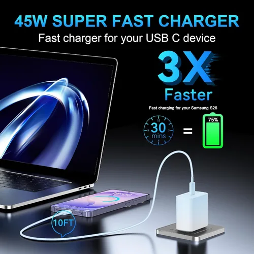 Miniatura 6 de Cargador de teléfono súper rápido Samsung de 45W, cargador rápido USB C Samsung, cable de carga rápida Samsung Galaxy S25 S24 Ultra Charge 10 pies