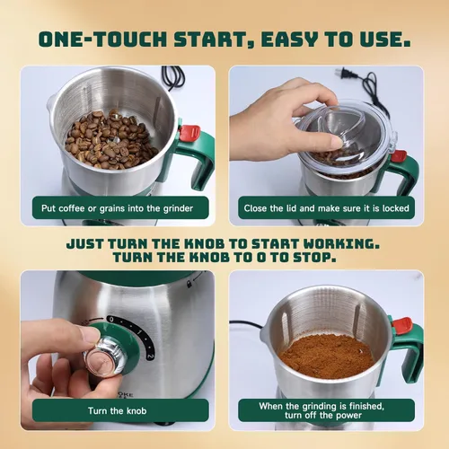 Miniatura 6 de Molinillos eléctricos para especias y nueces, 3 cuchillas de acero inoxidable, 1 filtro, 1 cepillo, molinillo de 500 W para cocina, uso en seco Verde