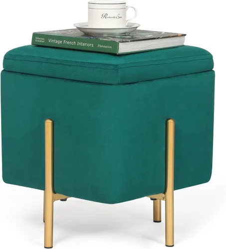 Otomana cuadrada de almacenamiento de terciopelo, taburete de tocador multifunción, reposapiés, patas de metal de alto soporte, color verde pavo real