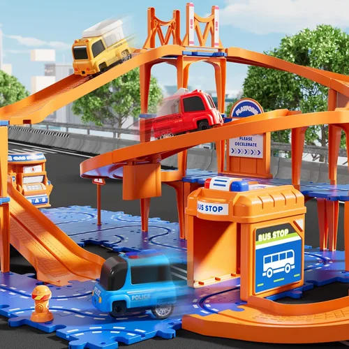 Miniatura 5 de NIPLOOOW Juego de pistas de autos de carreras de rompecabezas para niños de 3 a 5 años, juego de autos de pista de rompecabezas de piso, juguetes