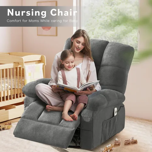 Miniatura 9 de Grey 360° Massage Swivel Recliner Chair with Vibration Massage and Lumbar Heating for Adults, Oversized Rocking Recliner Chair with Side Pocket and