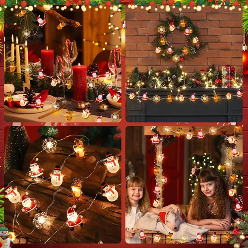 Miniatura 7 de [Temporizador] Luces de Navidad a pilas de 10 pies de Papá Noel, alce, copo de nieve, luces para decoración de árboles en interiores y exteriores