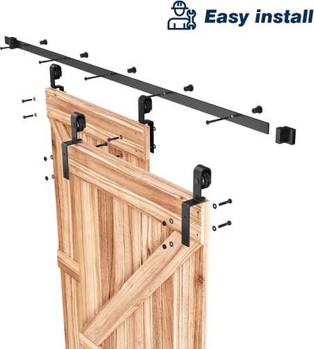 Miniatura 5 de EaseLife Kit de herrajes para puerta corrediza doble de granero de bypass de 9 pies, pista única, se desliza suave y silenciosamente, fácil