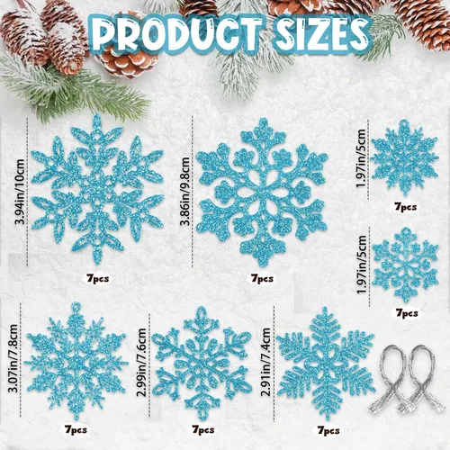 Miniatura 3 de 49 piezas de adornos de Navidad, decoraciones de copo de nieve en oferta - Adornos de Navidad azules con purpurina, copos de nieve colgantes