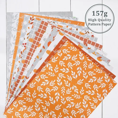 Miniatura 5 de Whaline 60 piezas de papel con patrón de otoño, hojas de otoño, calabaza, a cuadros, ondas, papel para manualidades, naranja, azul, hojas A5