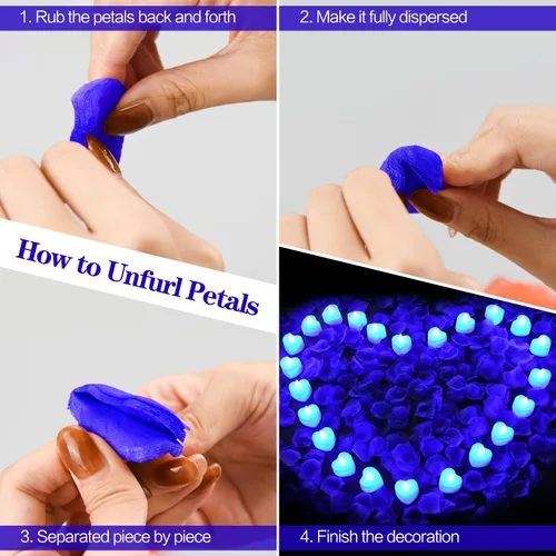 Miniatura 6 de KOABY 1000 piezas pétalos de rosa artificiales azules con kit de 12 luces LED azules de té, para decoración