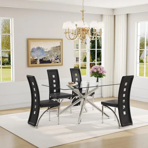 Miniatura 30 de Juego de mesa de comedor moderna para mesa de comedor negra de 4,63 pulgadas, juego de 4 con patas de metal dorado, mesa de cocina rectangular
