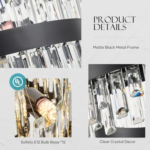 Miniatura 8 de Lámpara de Araña de Cristal Moderna Negra de 21.7", Accesorios de Iluminación de Lujo, Candelabros de Cristal de 2 Anillos para Comedor, Iluminación