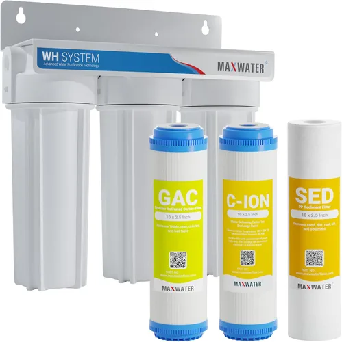 Max Water Sistema de filtración de agua estándar de 3 etapas de ablandamiento de agua de 10 pulgadas para toda la casa – Sedimento + resina