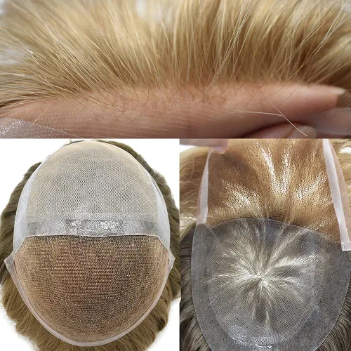 Miniatura 3 de Nudos blanqueados frontales de encaje para hombre, tupé de dos bases en una mitad, piezas de cabello de encaje mono para hombres, unidad de 20 #+7