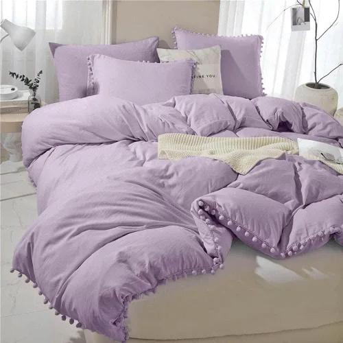 Miniatura 14 de ETDIFFE Juego de funda de edredón con pompones, color lavanda, tamaño individual, juego de funda de edredón de microfibra bohemio bohemio de 2