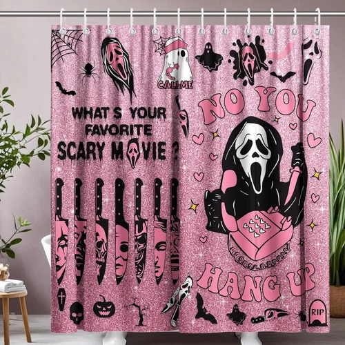 Miniatura 8 de KAIRA Cortina de ducha de Halloween, 72 x 72 pulgadas con ganchos, decoración de baño con cara espeluznante y aterradora, divertida cortina de tela