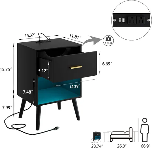 Miniatura 2 de Aienvey Mesita de noche con estación de carga y luces LED, mesa auxiliar pequeña, mesita de noche con cajón, mesita de noche moderna, mesa auxiliar