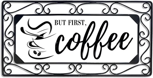 Miniatura 2 de Letrero de café, arte de pared de metal para bar, decoración de cocina y oficina con cita "But First Coffee", letrero para el hogar estilo café, 16