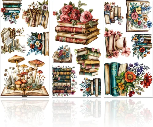 GLOBLELAND 3 hojas de transferencia de flores vintage para muebles, 6 x 12 pulgadas, libro y hongos frotados en transferencia, autoadhesivos, arte