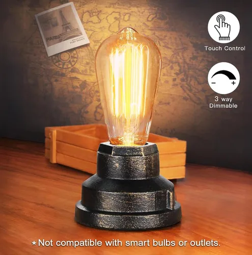 Miniatura 3 de Base de lámpara de mesa pequeña con control táctil, luz táctil industrial, base de bombilla Edison vintage, regulable para mesita de noche, luz