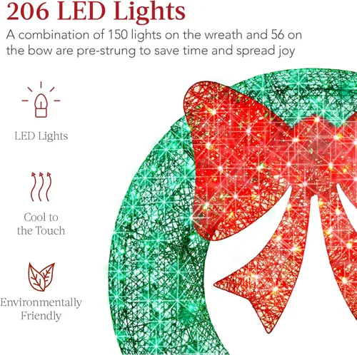 Miniatura 3 de Best Choice Products Corona de Navidad Preiluminada para Exteriores de 60 Pulgadas, Decoración Navideña de Metal LED para Exterior del Hogar, Jardín