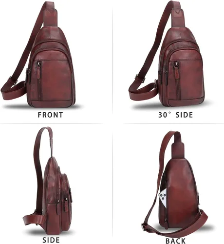 Miniatura 4 de IVTG Bolso bandolera de cuero genuino para mujeres y hombres, bolso cruzado de cuero, bolso de hombro para el pecho, mochila, Café, Mochilas Sling