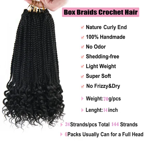 Miniatura 4 de Trenzas de ganchillo para mujer, 144 raíces/paquete, trenza negra con extremos rizados, trenzas de caja de 14 pulgadas, 24 mechones por pieza