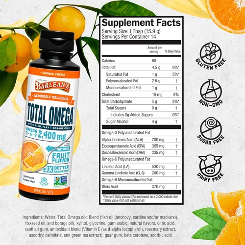 Miniatura 6 de Barlean's Total Omega 3 6 9 Orange Crème Suplemento de aceite de pescado líquido con borraja y aceite de linaza, 2,400 mg de Omegas EPA y DHA Plus