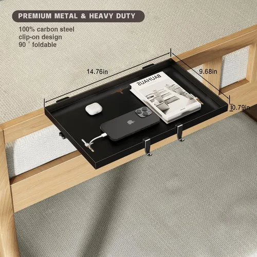 Miniatura 5 de Magheo Estante plegable para mesita de noche, estante de metal con clip para litera superior, bandeja de mesa auxiliar de cama resistente para Negro