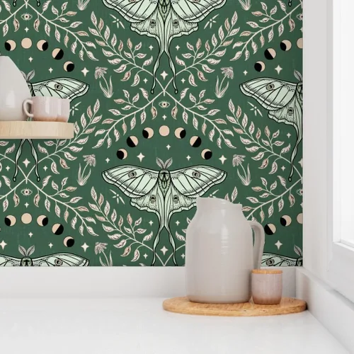 Miniatura 8 de Spoonflower Papel tapiz autoadhesivo de 12 x 2 pies – Polillas Damasco Luna Verde Oliva Hojas Grandes Celestial Papel tapiz extraíble personalizado