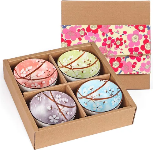 Sakura Bowl - Tazones de cerámica de 10 onzas, juego de regalo de cuencos de colores surtidos para arroz, cereales, fideos, sopa, postres, paquete