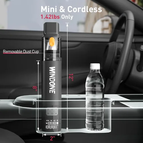 Miniatura 2 de Windone Aspiradora para automóvil, limpiador 2 en 1 de 12000 Pa e inflador de neumáticos de 150 PSI, motor sin escobillas de 60 W, aspiradora
