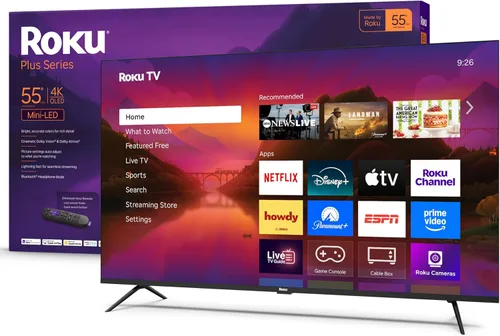 Roku Smart TV 2025 – Serie Plus de 55 pulgadas, TV Mini-LED – RokuTV con control remoto de voz mejorado – Televisión 4K QLED de pantalla plana con