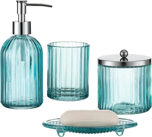 Miniatura 8 de Juego de 4 accesorios de baño de vidrio pesado con patrón decorativo prensado, incluye dispensador de jabón de mano, vaso, jabonera y soporte