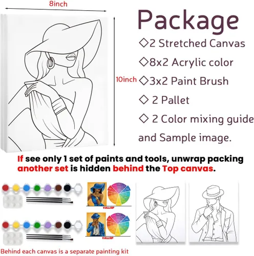 Miniatura 5 de Paquete de 2 Kit de Lienzo para Pintar y Beber, Lienzo Predibujado para Pintar para Adultos, Lienzo Estirado, Juegos para Parejas, Noche de Cita