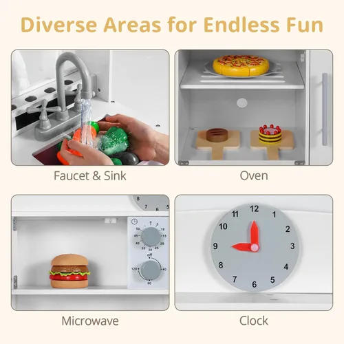 Miniatura 4 de INFANS Cocina de Madera para Niños, Juego de Pretensión con Alturas Ajustables, Sonidos Realistas, Heladera, Microondas, Horno, Juguete de Cocina