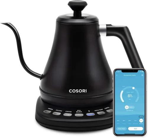 Miniatura 2 de COSORI Hervidor eléctrico de cuello de cisne inteligente Bluetooth con control de temperatura variable, negro y cafetera para verter sobre con acero