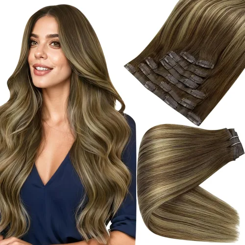 Miniatura 50 de Full Shine Extensiones de cabello humano con pinzas, cabello humano Remy invisible para mujer, color rubio platino, 20 pulgadas, 8 unidades, 4.23 oz
