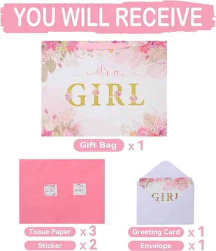 Miniatura 3 de Juego de bolsas de regalo extra grandes de 16.5 pulgadas con asas, tarjeta de felicitación, papel de seda rosa y calcomanías para niñas y niños