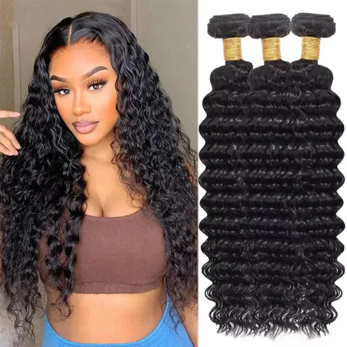 Miniatura 8 de 1 manojos de cabello humano ondulado profundo de 12 pulgadas, 100% virgen sin procesar, 10A, cabello humano brasileño húmedo y ondulado, doble