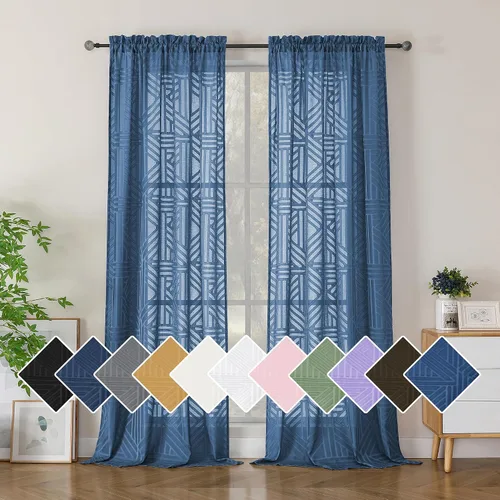 Miniatura 62 de Simplebrand Cortinas traslúcidas negras de cocina de 24 pulgadas de largo, 2 paneles, filtrado de luz, geométrico jacquard con textura, cortinas