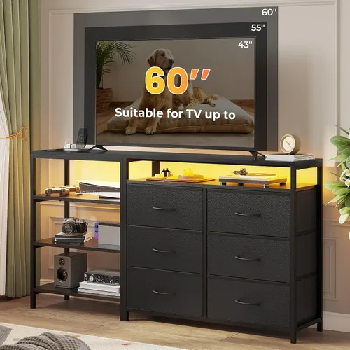 Miniatura 11 de Soporte de TV para 60 Pulgadas, Cómoda con Estación de Carga y Luces LED, 9 Cajones de Tela, Centro de Entretenimiento y Mesa Consola Industrial