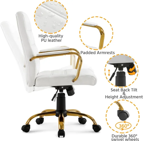 Miniatura 7 de Yaheetech Silla de Oficina de Respaldo Medio de Cuero PU Silla de Escritorio Ejecutiva Ajustable con Soporte Lumbar Pata Dorada Asiento Blanco