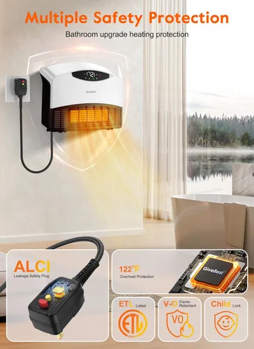 Miniatura 2 de GiveBest Calentador de pared eléctrico, calentador de pared inteligente de 1500 W para baño, calentadores de pared con termostato, control remoto