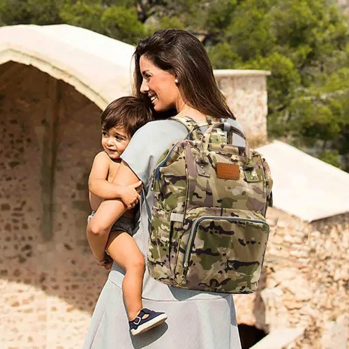 Miniatura 8 de LIMHOO Mochila para pañales para hombres y papá, bolsa de pañales de camuflaje de lona grande impermeable para el cuidado del bebé, Camuflaje