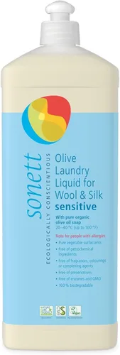 Sonett - Líquido de lavandería de oliva orgánico para lana y seda, piel sensible, 34 onzas/1 litro (líquido de lavandería de oliva sensible para Azul