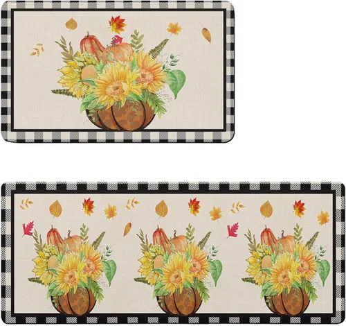 Tapete de baño de calabaza y girasol a cuadros para bañera, antideslizante, de secado rápido y absorbente, de tierra de diatomeas, para fregadero de